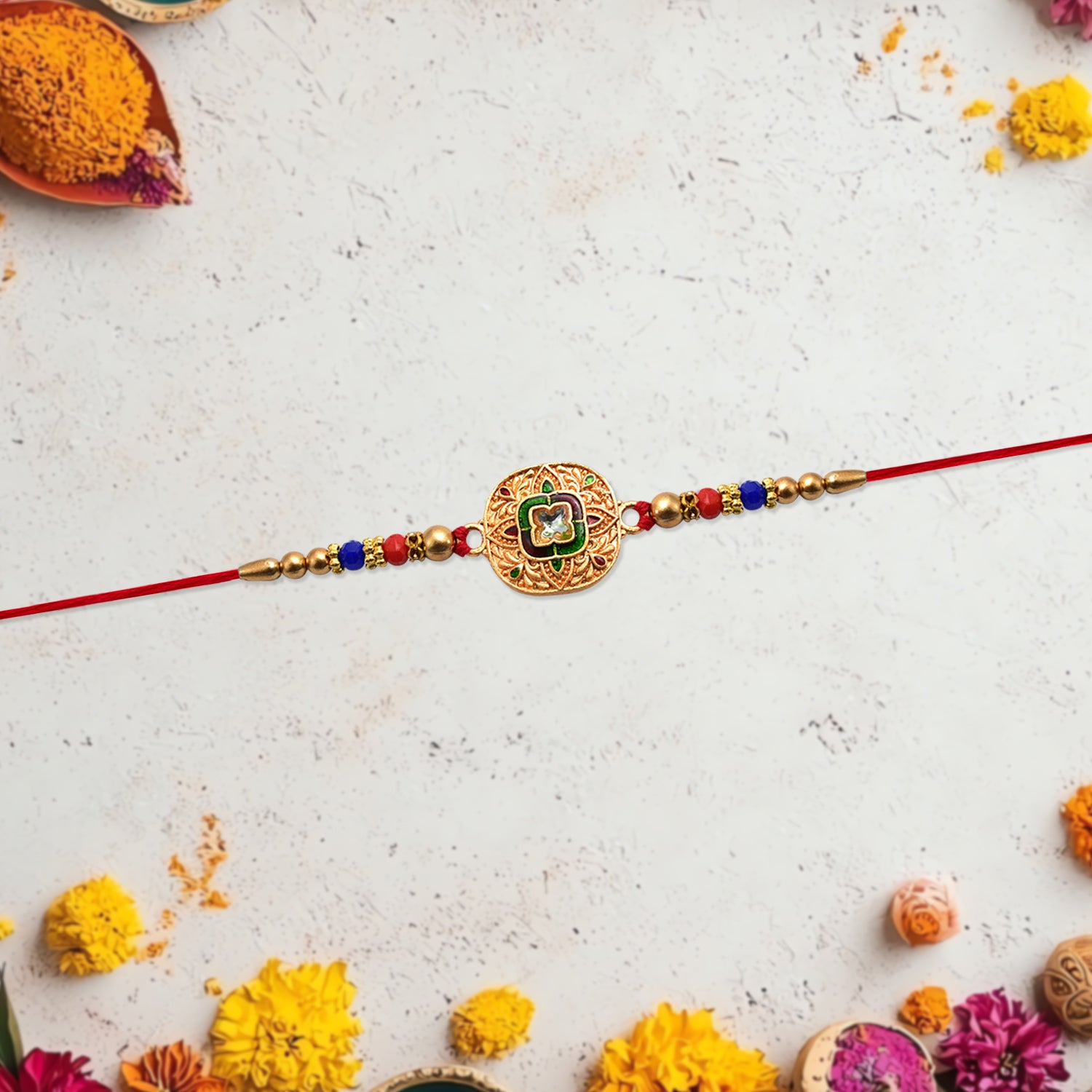 Traditional Kundan Rakhi With Antique Gold Finish  Multicolor Beads Traditional Kundan Rakhi With Antique Gold Finish  Multicolor Beads